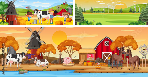 Outdoor panoramic landscape scenes set with cartoon character