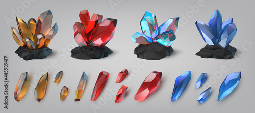 Gemstones. Shiny and colorful treasure precious stones and crystals. Glowing diamond or amethyst. Jewelry jade and opal. Realistic brilliant jewels. Geology template. Vector gems set
