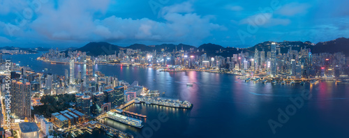 Aerial view of panorama of Hong Kong city at dusk