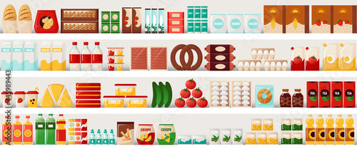 Supermarket food. Grocery shelves with cereal bread and milk, eggs or pasta. Market showcase template. Everyday products. Bottles and meal containers. Vector retail store background