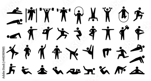 Human sport icons. Physical training. Fitness and gym exercises. Yoga or aerobic workout. Isolated symbols with stick man. Minimal athletic person. Body silhouettes. Vector signs set