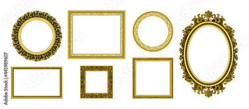 Golden picture frames. Royal antique photo border. Empty interior old style ornamental wall elements. Round and square luxury decorative corners set. Vector portrait frameworks template