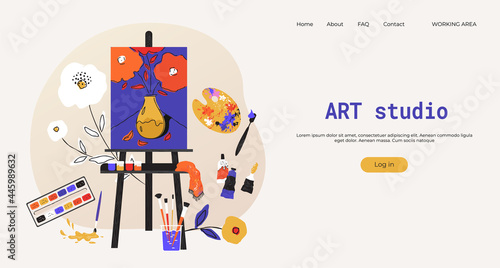 Painting easel landing page. Art studio accessories website UI mockup. Artist class tools. Painter supplies. Paint brushes and pencils, drawing canvas. Vector web interface template