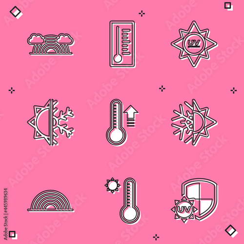 Set Rainbow with clouds, Meteorology thermometer, UV protection, Sun and snowflake, and icon. Vector
