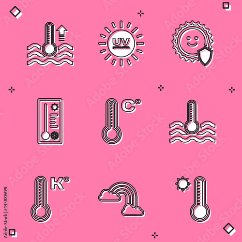 Set Water thermometer, UV protection, Meteorology, and Rainbow with clouds icon. Vector