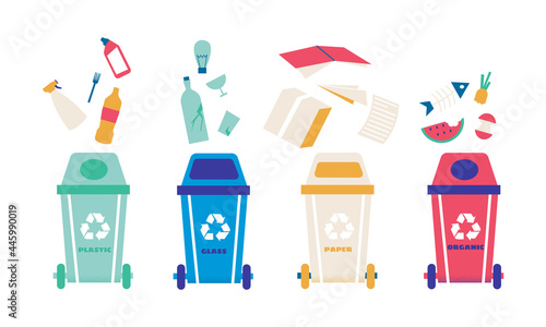 Garbage recycle. Trash bin for different type of waste. Dustbins with metal and glass litter. Paper and plastic rubbish falling into container. Vector refuse segregation buckets set