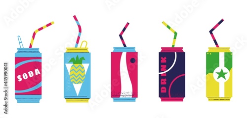 Soda cans. Cartoon fizzy sweet summer drinks in metal bottles with plastic straws. Fruit juice carbonated water set. Glasses for soft beverages. Vector refreshing ice tea and cocktails