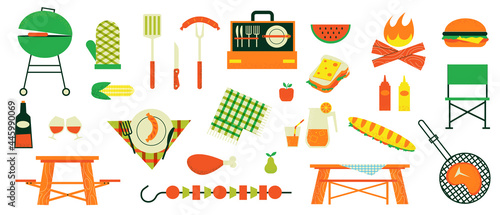 Barbeque picnic. Summer outdoor party with fried meat, grilled sausages and drinks. Family weekend with snacks and sport games. Vector food and equipment set for camping recreation