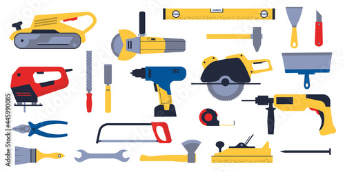 Construction hardware. Home repair tools. Building carpentry and electric engineering equipment. Handy house instruments set. Vector saw and spatula, modern drill or grinder machine