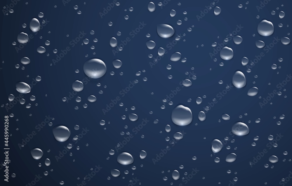 Water drop background. Realistic wet rainy window with round drips. Sprinkled dew on glass mockup. Smooth surface with droplets. Chaotic clean aqua splashes. Vector raindrop texture