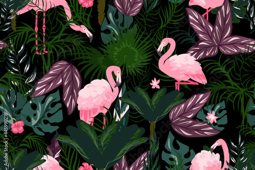 Flamingo background. Cartoon wallpaper with exotic pink birds and tropical palm leaves. Jungle foliage seamless pattern. Summer flora and fauna. Vector rainforest plants textile mockup