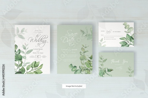 greenery wedding invitation card with arrangement eucalyptus photo