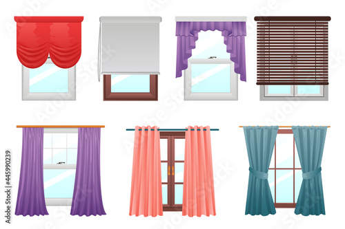 Curtains on windows. Cartoon interior decoration. Indoor hanging textile for kitchen and living room. Various drape types. Jalousie and roll louvers. Vector home or office decor set