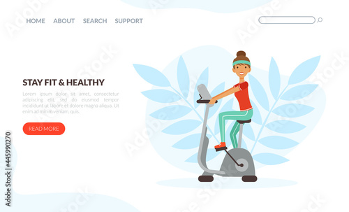 Landing Page with Young Woman Character with Headband and Sportswear on Cycle Ergometer Vector Template
