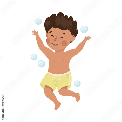 Little Boy in Trunks Diving and Swimming Underwater with Bubbles Vector Illustration