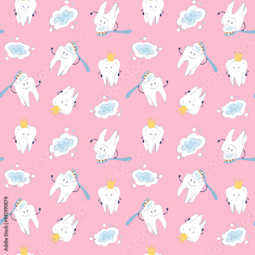 Seamless pattern with cute characters teeth on a pink background. Vector endless texture with teeth and toothbrushes