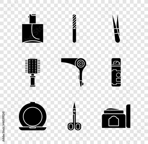 Set Perfume, Nail file, Eyebrow tweezers, Makeup powder with mirror, Scissors, Cream cosmetic tube, Hairbrush and dryer icon. Vector