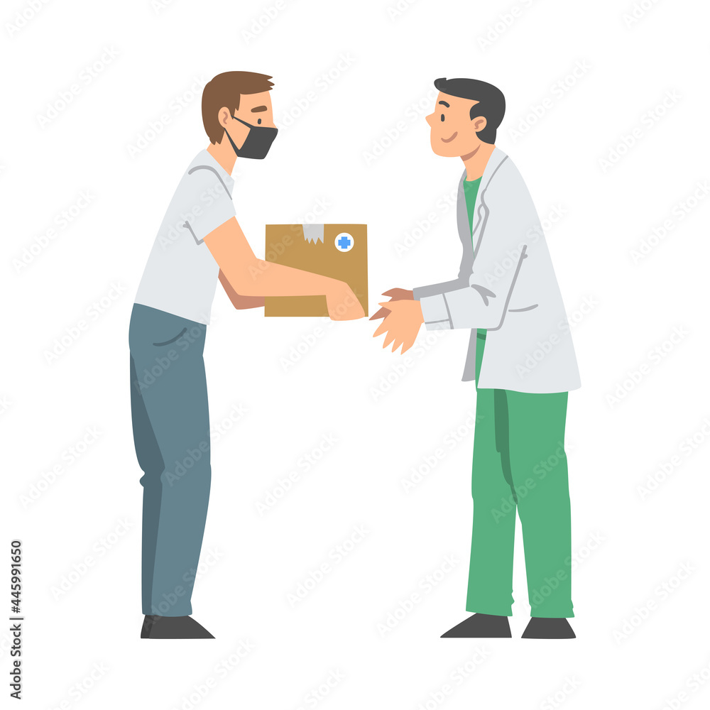 Man Volunteer in Face Mask Giving Box with Medicine to Medical Worker Engaged in Charity Activity Donating It to Needy Vector Illustration Man Volunteer in Face Mask Giving Box with Medicine to Medical Worker Engaged in Charity Activity Donating It to Needy Vector Illustration