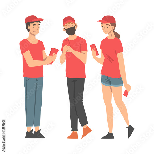 Man and Woman Volunteer in Red Cap Hand Out Leaflet Engaged in Charity Activity Vector Illustration