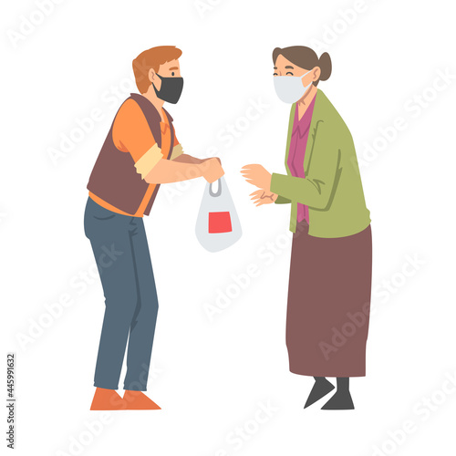 Man Volunteer in Face Mask Giving Food to Senior Woman Engaged in Charity Activity Donating It to Needy Vector Illustration