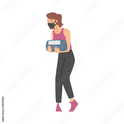 Woman Volunteer in Face Mask with Food Box Engaged in Charity Activity Donating It to Needy Vector Illustration