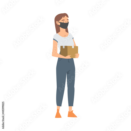 Woman Volunteer in Face Mask with Food Box Engaged in Charity Activity Donating It to Needy Vector Illustration