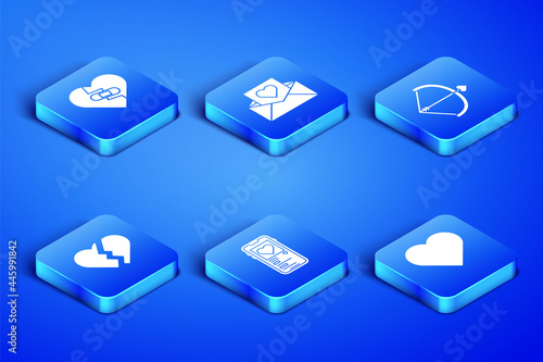 Set Heart, Healed broken heart, Mobile with, Broken, Envelope Valentine and Bow and arrow icon. Vector