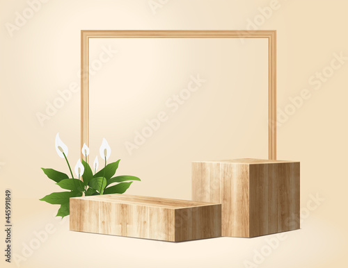 Fototapeta Naklejka Na Ścianę i Meble -  Abstract minimal scene with geometric vector wood podium, presentation mock up, show cosmetic product display stage pedestal design