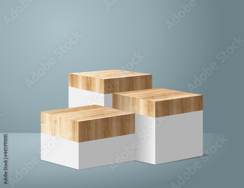 Vector wood podium on white room background, presentation mock up, show cosmetic product display stage pedestal design