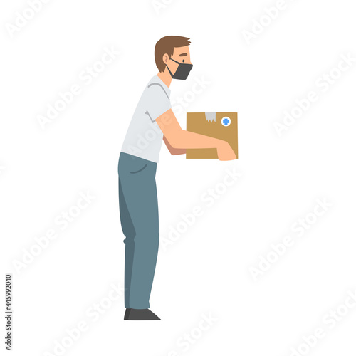 Man Volunteer in Face Mask with Food Box Engaged in Charity Activity Donating It to Needy Vector Illustration