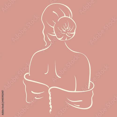Beautiful woman standing back line art drawing on background. Vector illustration for logo, post, beauty salon
