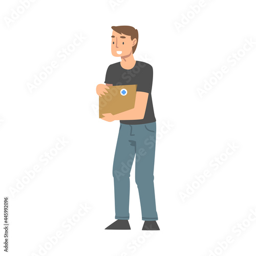 Man Volunteer with Food Box Engaged in Charity Activity Donating It to Needy Vector Illustration