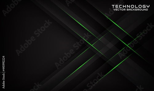 Abstract 3d black techno background overlap layers on dark space with geometry green lines decoration. Modern design template element future style for flyer, card, cover, brochure, or landing page