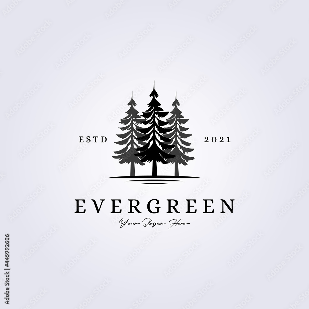 evergreen, woodland, adventure forest logo lake riverside creekside vector illustration silhouette vintage symbol design
