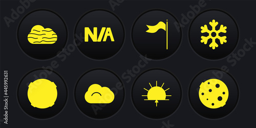 Set Moon, Snowflake, Cloud, Sunrise, Meteorology windsock wind vane, Not applicable, and Fog and cloud icon. Vector