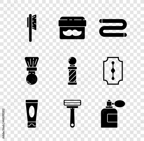 Set Hairbrush, Cream or lotion cosmetic jar, Towel, tube, Shaving razor, Aftershave bottle with atomizer, and Classic Barber shop pole icon. Vector