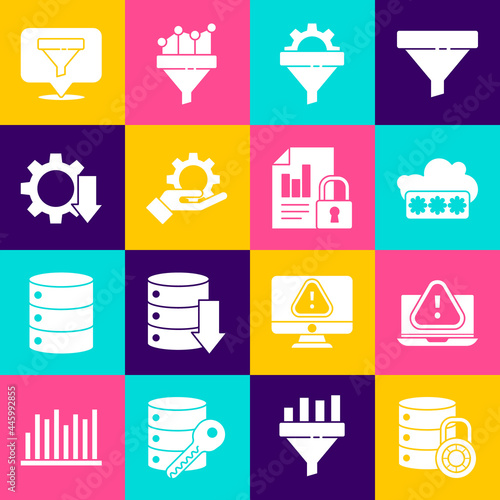 Set Server security with lock, Laptop exclamation mark, Password protection, Sales funnel gear, Hand settings, Cost reduction, Location sales and Document icon. Vector