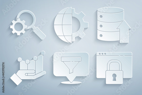 Set Location with sales funnel, Server, Data, Web Hosting, Pie chart infographic, Secure your site HTTPS, SSL, Globe of the Earth and gear and Magnifying glass icon. Vector