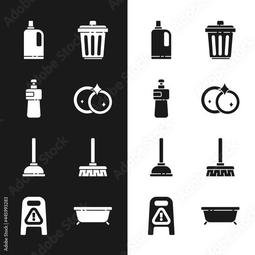 Set Washing dishes, Dishwashing liquid bottle, Fabric softener, Trash can, Rubber plunger, Handle broom, Bathtub and Wet floor cleaning progress icon. Vector