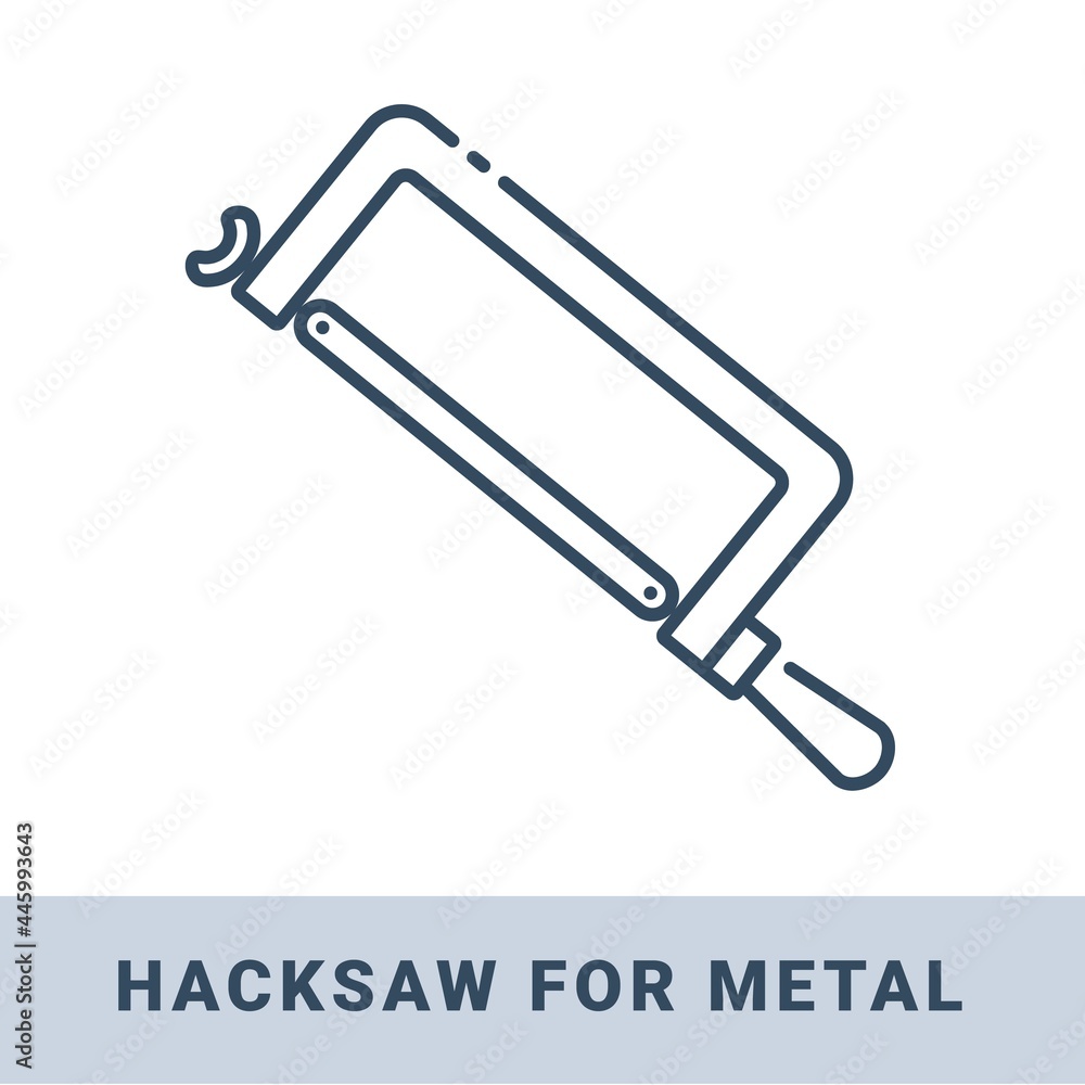 Hacksaw for metal cutting outline icon. Vector monochrome illustration isolated on white background. Hand construction tool for renovation work. Hacksaw for metal cutting outline icon. Vector monochrome illustration isolated on white background. Hand construction tool for renovation work.