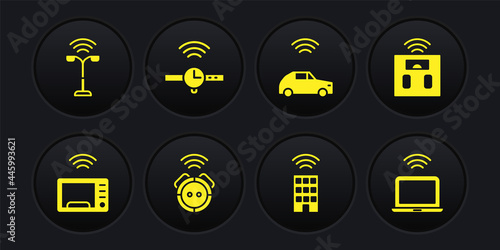 Set Smart microwave oven, bathroom scales, Robot vacuum cleaner, home with wireless, car system, Smartwatch, Wireless laptop and street light icon. Vector