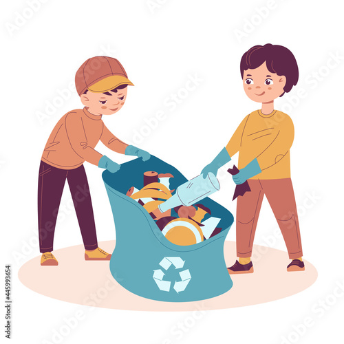 Two boys collect trash in a trash bag. Garbage recycling nature cleaning concept. Vector illustration in flat cartoon style. Isolated on a white background.