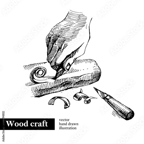 Hand drawn sketch hands of craftsman wooden carving. Vector black and white vintage illustration