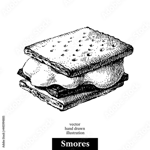 Hand drawn sketch smores wafer crackers with melted marshmallows and chocolate. Vector black and white vintage illustration. Isolated object on white background. Menu design