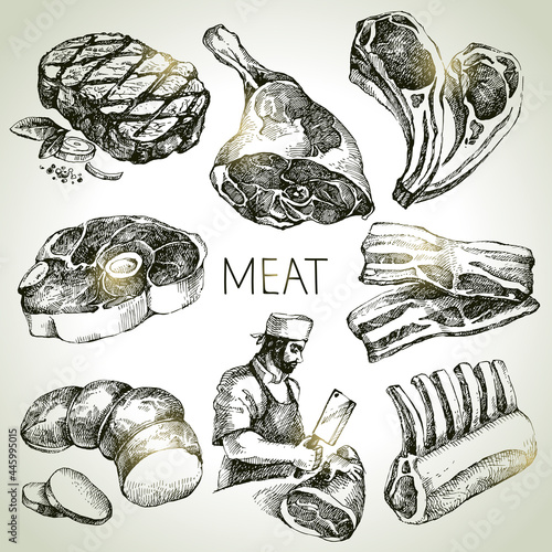 Hand drawn sketch meat products set. Vector black and white vintage illustration. Isolated object on white background. Menu design.