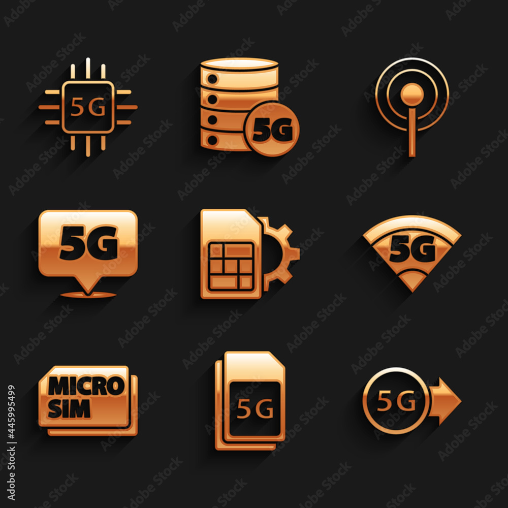 Set Sim card setting, 5G Card, network, Micro, Location, Antenna and Processor icon. Vector Set Sim card setting, 5G Card, network, Micro, Location, Antenna and Processor icon. Vector