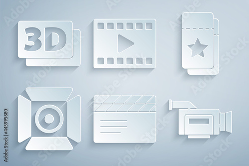 Set Movie clapper, Cinema ticket, spotlight, camera, Play Video and 3D word icon. Vector