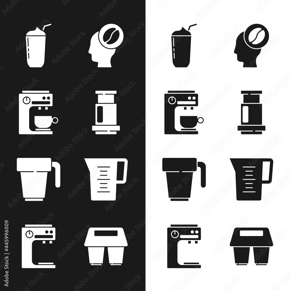 Set Aeropress coffee, Coffee machine, Milkshake, Barista, cup, Jug glass with water, to go and icon. Vector Set Aeropress coffee, Coffee machine, Milkshake, Barista, cup, Jug glass with water, to go and icon. Vector