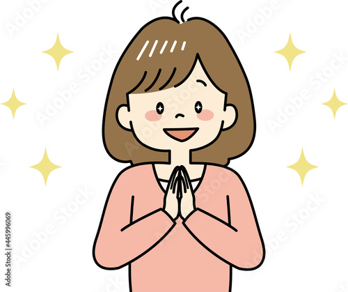 目をキラキラ輝かせる女性のイラスト（上半身）