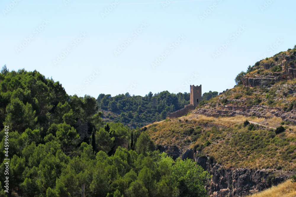 Torre de Cañavate half hidden in the middle of the wooded mountain, in Alarcon, Spain.